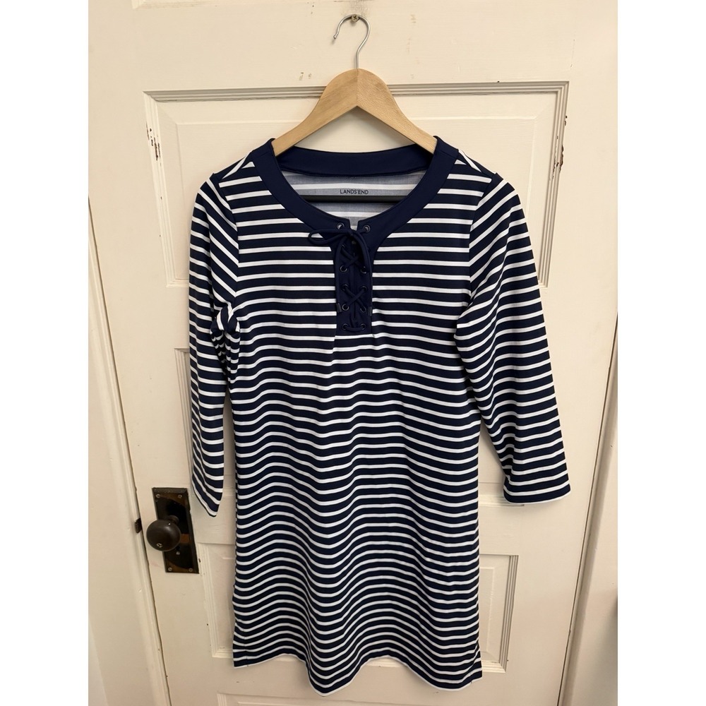 Lands End Dress Women's Shift Navy White Striped Lace Up Nautical Size S (6-8)